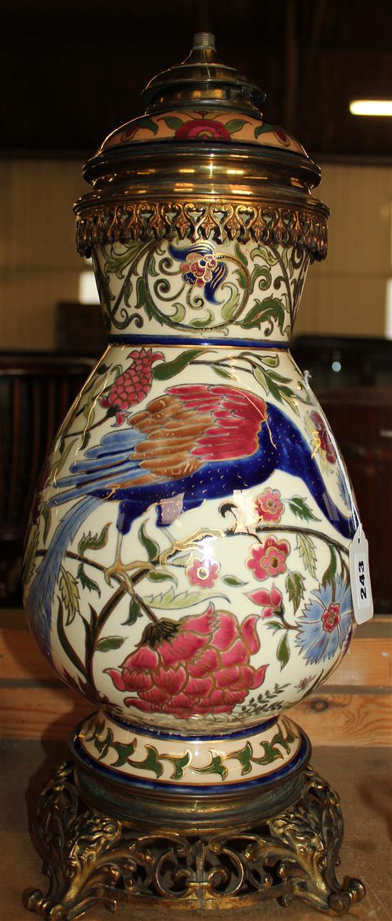 Late 19C French Persian pattern pottery and gilt metal-mounted oil lamp (converted)